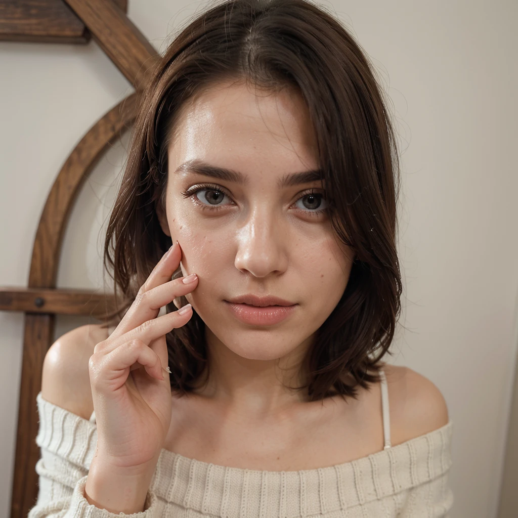 ((best quality)), ((masterpiece)), (detailed), 1girl, off-shoulder sweater, holding a face wash in your hand ,brain promotion remove dress