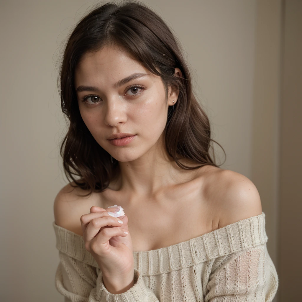 ((best quality)), ((masterpiece)), (detailed), 1girl, off-shoulder sweater, holding a face wash in your hand ,brain promotion remove dress