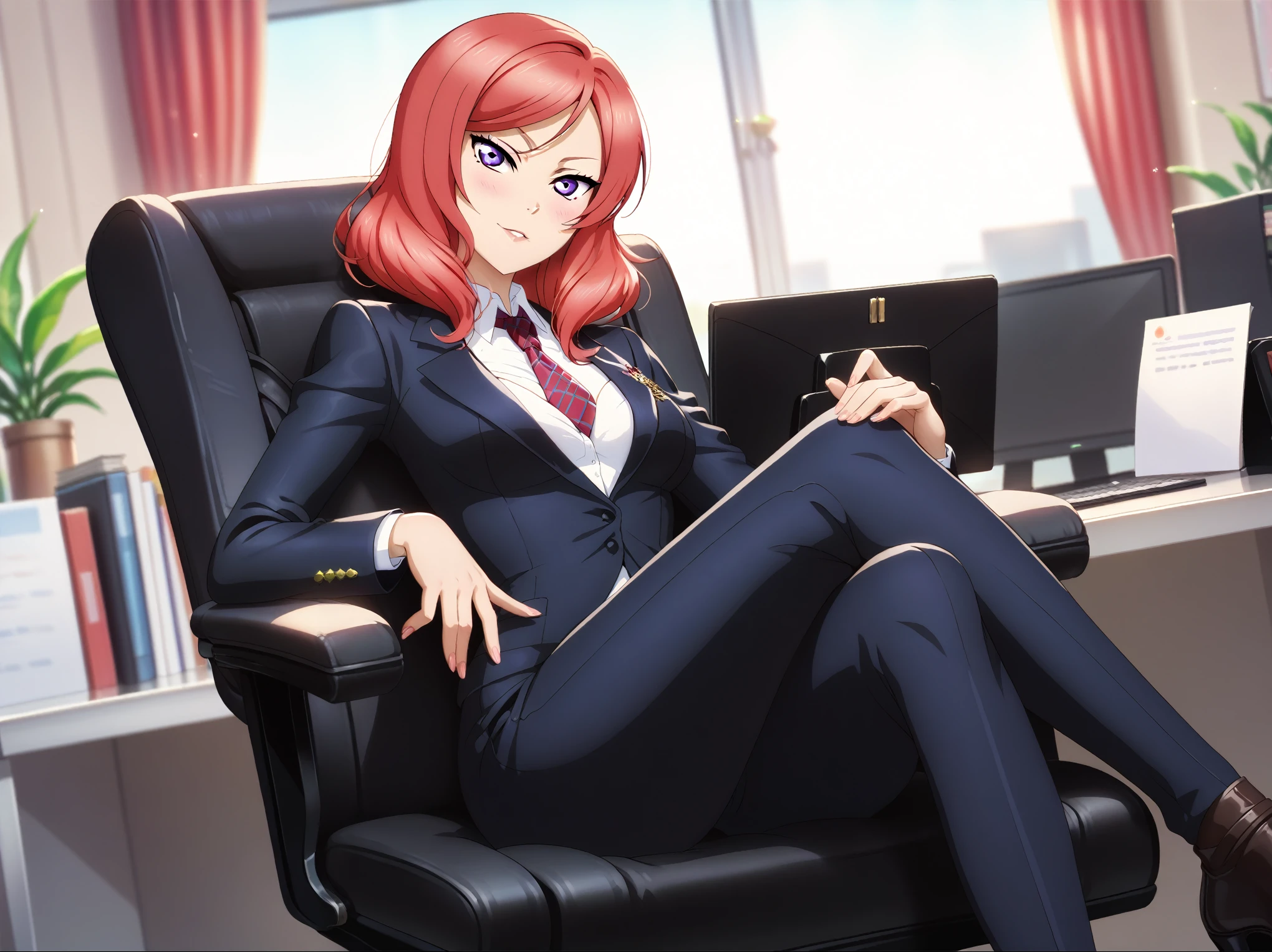 masterpiece, best quality,solo, nishikino maki,red hair, purple eyes, black formal suit, pants, sitting , crossed legs ,neck tie, Sexual seduction, sexualised ,in office , front view , busty breasts
