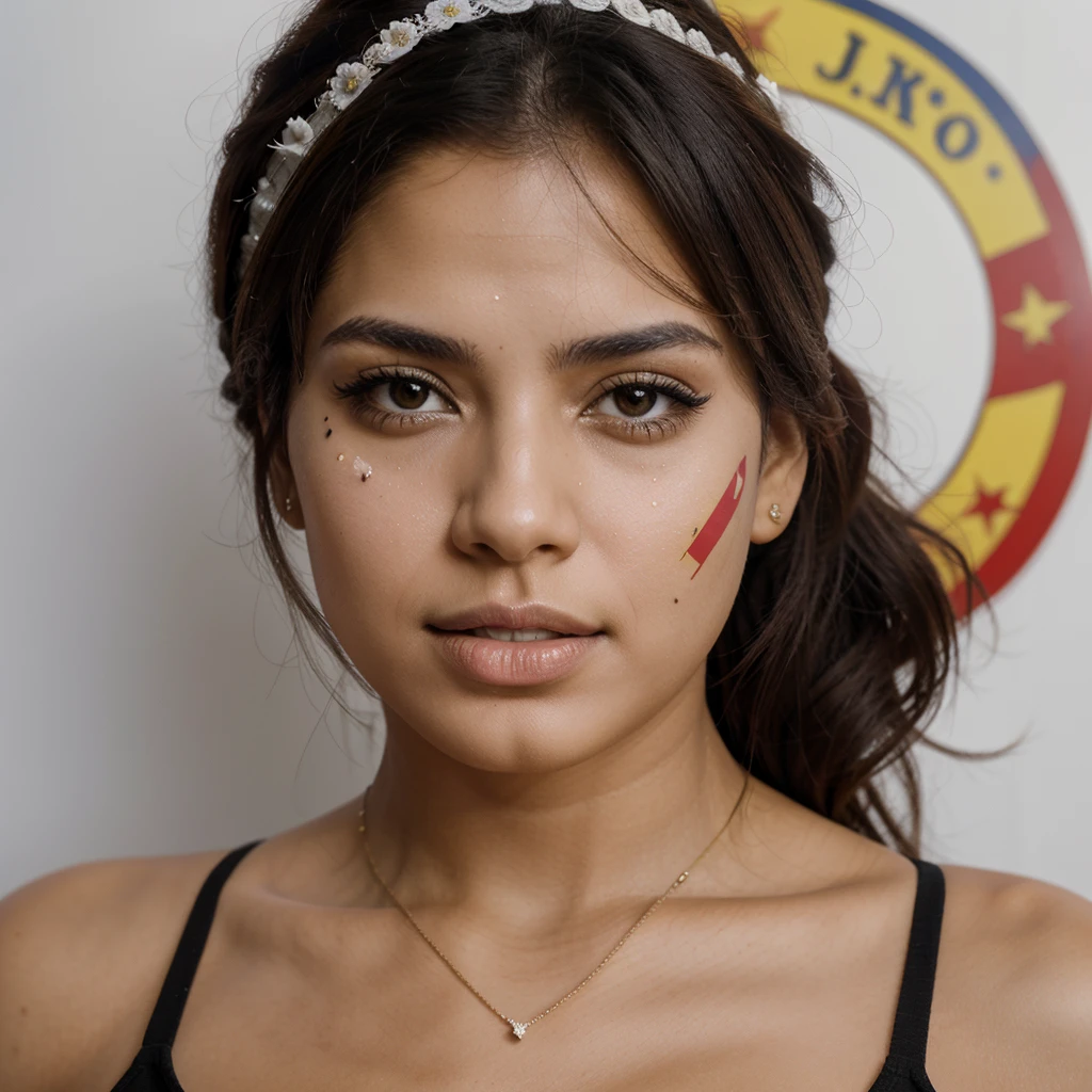 Venezuelan woman, sexy, with white photographic background, a Venezuelan flag drawn on his cheek