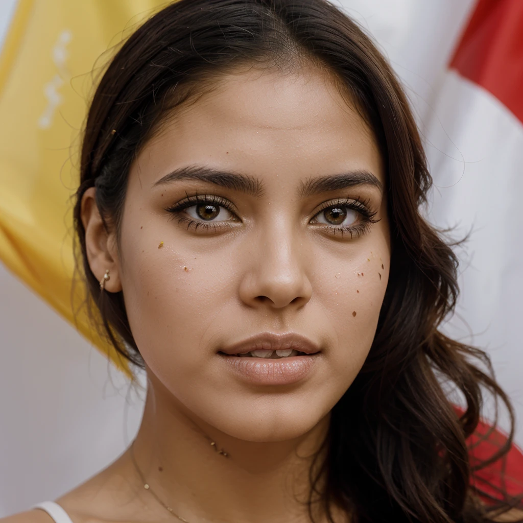 Venezuelan woman, sexy, with white photographic background, a Venezuelan flag drawn on his cheek
