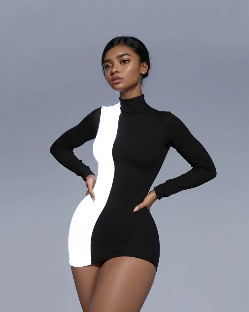 Blank studio background, (Beautiful teen girl, Yara Shahidi, KIKI Layne, Kylie Jenner, Maitreyi Ramakrishnan, young Jessica Alba), Wearing tight white and black cotton-Lycra-fabric long sleeve mini dress, round breasts, (HDR, 8K, perfect lighting, vivid, vibrant, detailed: 1.4), (hyper realistic, movie graphics)