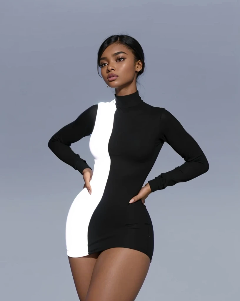 Blank studio background, (Beautiful teen girl, Yara Shahidi, KIKI Layne, Kylie Jenner, Maitreyi Ramakrishnan, young Jessica Alba), Wearing tight white and black cotton-Lycra-fabric long sleeve mini dress, round breasts, (HDR, 8K, perfect lighting, vivid, vibrant, detailed: 1.4), (hyper realistic, movie graphics)