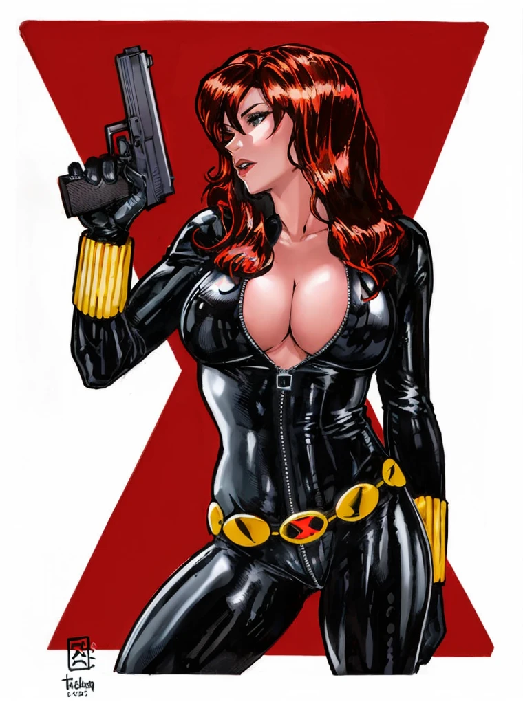 a highly detailed digital illustration of Black Widow. She wears a sleek skin-tight shiny black latex bodysuit with a deep-cut zipper neckline revealing a large chest, the silver zipper running down the front accompanied by golden wrist guards in both hands, and a golden belt adorned with some golden circle. In her right hand, she grips a gun, her stance exuding confidence and determination. The character's red hair complements the deep red background, which contains a slightly transparent red triangle, intensifying the sense of danger and readiness for action.