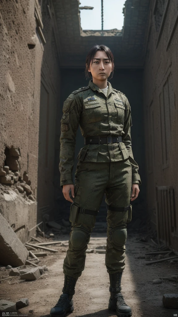 photo of S083_KatyaKotaro, a tough woman, in a (ruin), wearing a (military-uniform), (SFW:1.3), (SFW:1.3), (8k, RAW photo, best quality, DOF, ultra high res:1.2), (absurdres, intricate, photorealistic, masterpiece, ultra-detailed, Unreal Engine:1.3)