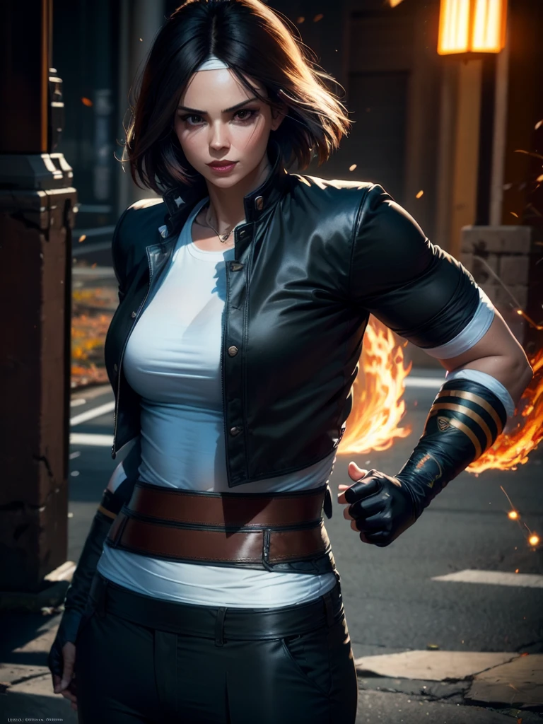 30-year-old woman, alone, alone, sexy, sensual, dark hair, white band on her forehead, white short-sleeved shirt, open black short-sleeved jacket, black hip pants, thin brown belt, wears fingerless gloves black color that covers almost his entire forearm, serious look looking at the viewer, fire coming out of his hand, cinematic, ultra sharp focus, award-winning photography, perfect contrast, high sharpness, depth of field, ultra detailed photography, global illumination, fluid, ultra High Definition, 8k, Unreal Engine 5, Ultra Sharp Focus, Award Winning Photography, Art Season Trends,