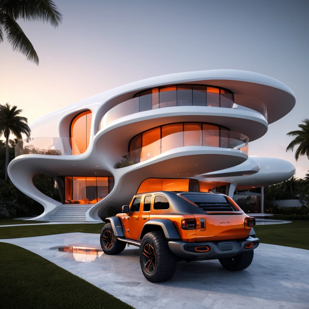 a futuristic house with an orange jeep wrangler parked in front of it, cgsocietywlop, beautiful curves, intricate devilish designs, qualia, interesting shapes & form, wow factor, elaborate polished, architectural rendering, miami, orange soft lighting in interior of house, futuristic battlefield, inspired by James E. Brewton, precise architectural rendering