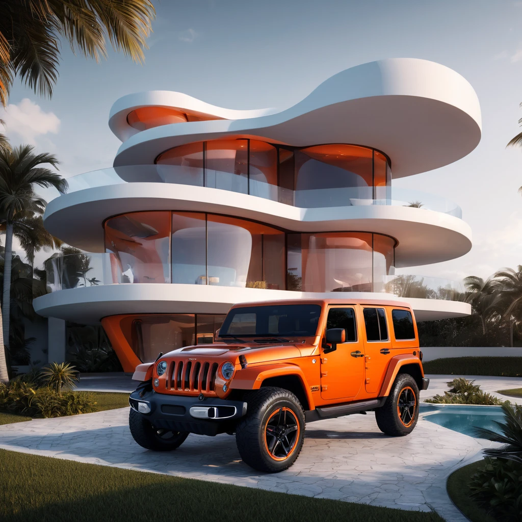 a futuristic house with an orange jeep wrangler parked in front of it, cgsocietywlop, beautiful curves, intricate devilish designs, qualia, interesting shapes & form, wow factor, elaborate polished, architectural rendering, miami, orange soft lighting in interior of house, futuristic battlefield, inspired by James E. Brewton, precise architectural rendering