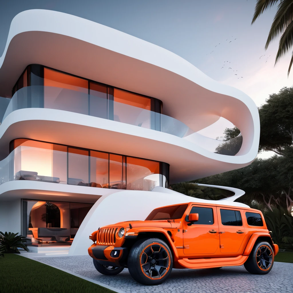 a futuristic house with an orange jeep wrangler parked in front of it, cgsocietywlop, beautiful curves, intricate devilish designs, qualia, interesting shapes & form, wow factor, elaborate polished, architectural rendering, miami, orange soft lighting in interior of house, futuristic battlefield, inspired by James E. Brewton, precise architectural rendering