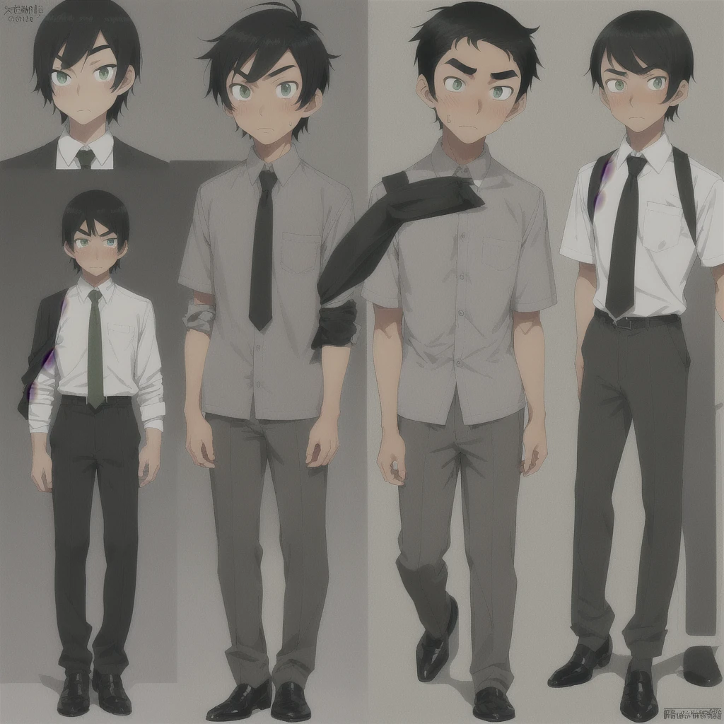 Asian , tan skin, black combover hairstyle, green eyes, long nose, long sharp face , skinny , tall, white school shirt, grey tie, grey pants, fancy shoes, shocked anime face, blushing