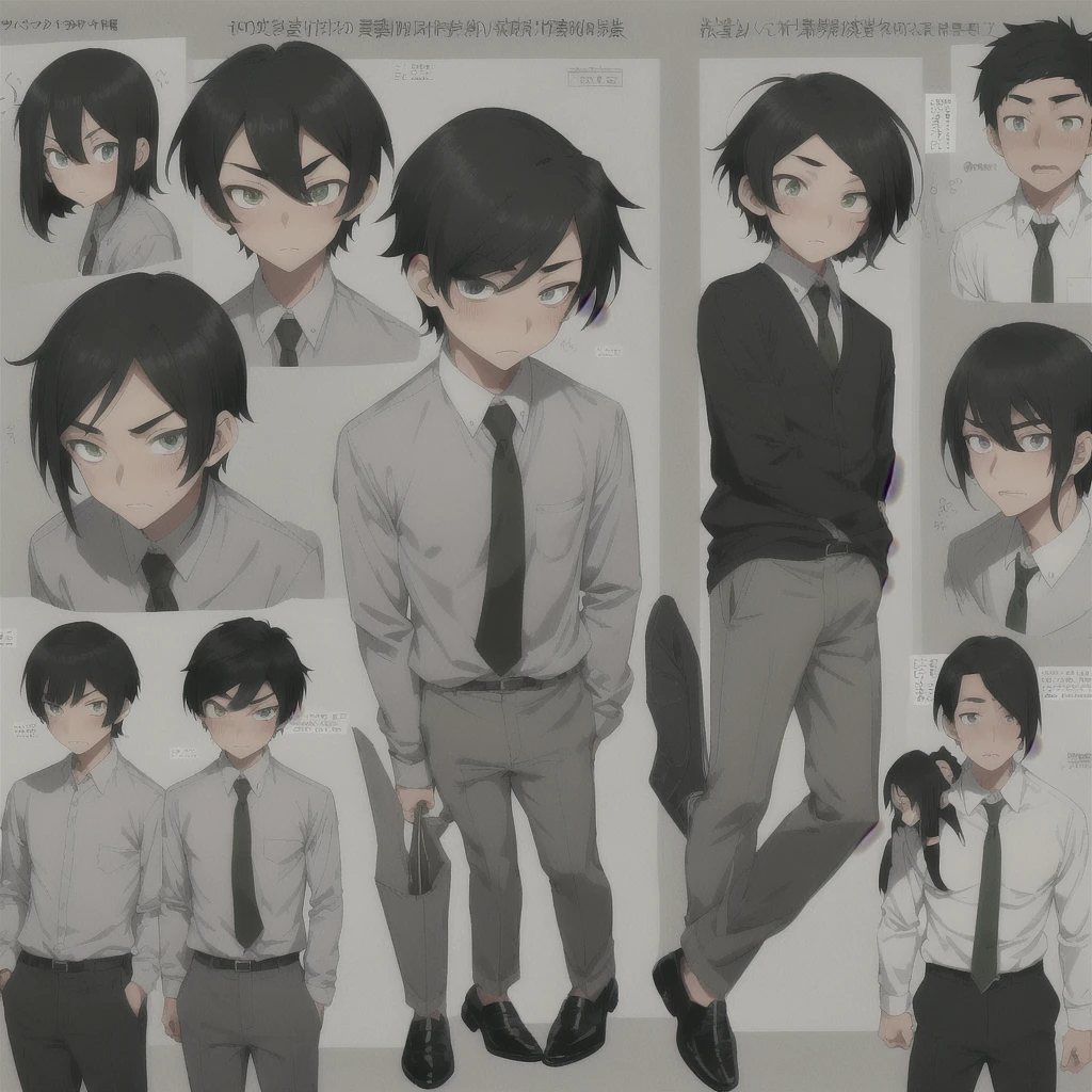 Asian , tan skin,  black combover hairstyle, green eyes, long nose, long sharp face , skinny , tall, white school shirt, grey tie, grey pants, fancy shoes, shocked anime face, blushing