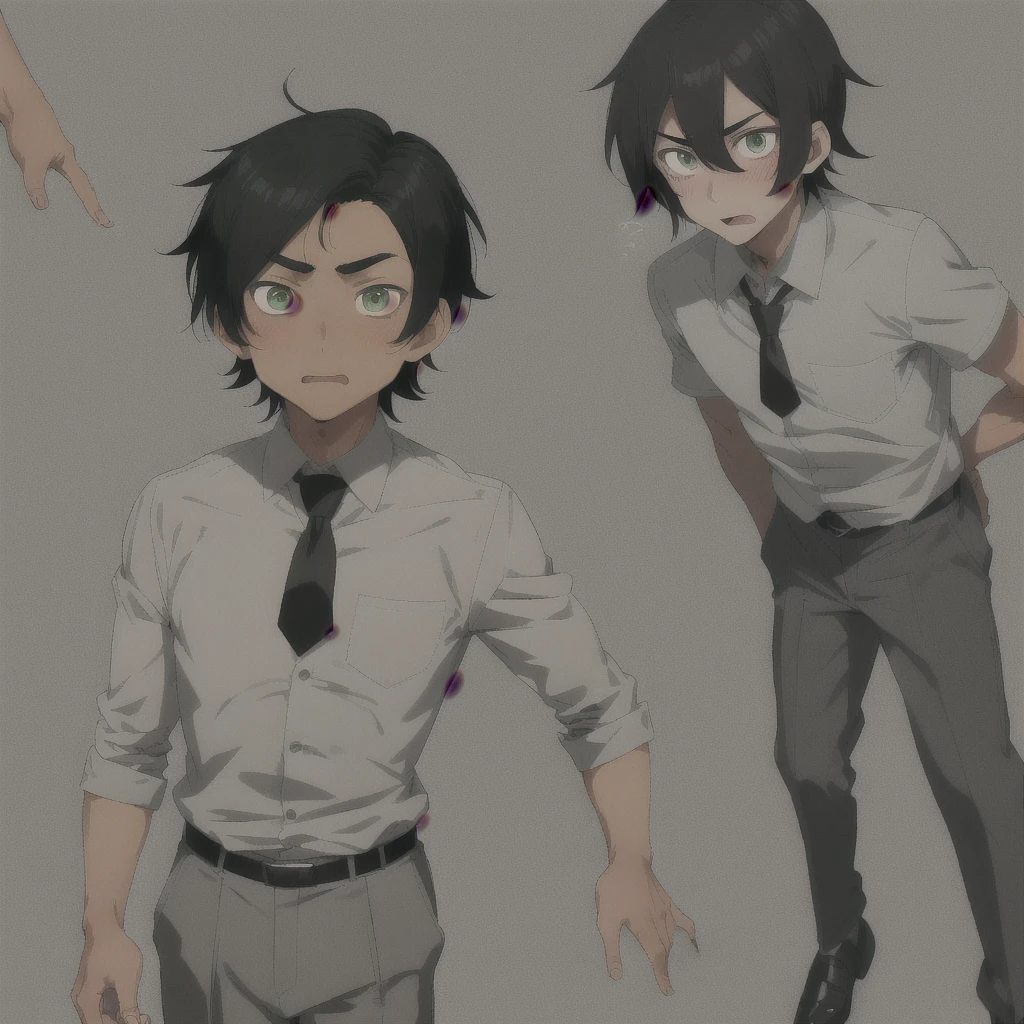 Asian teen, tan skin, black combover hairstyle, green eyes, long nose, long sharp face , skinny , tall, white school shirt, grey tie, grey pants, fancy shoes, shocked anime face, blushing
