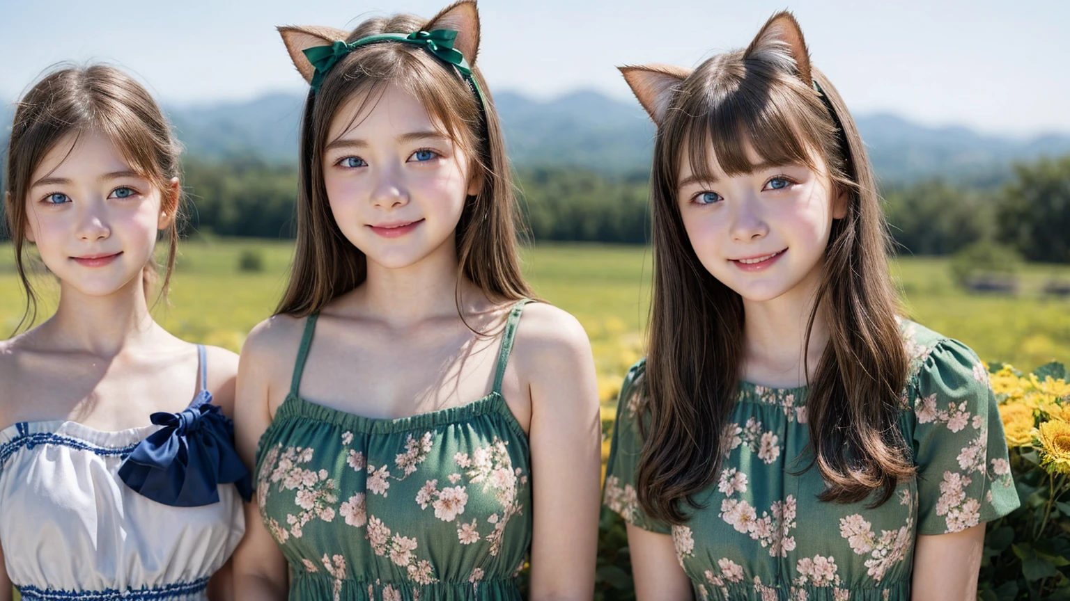 (3 girls), Young faceอินโดนีเซีย, smile, white skin, Round breast, blue eyes,(Wearing a green round neck dress with an elegant floral pattern.)Masterpiece, Highest quality, 8k, beautiful girl, Young face、 photography, Cute face, thigh,embarrassing valley、รอยsmile、(((((())))))、small waist、 ((Busty breasts))blue eyes(((big breasts:1.0)))cat ears