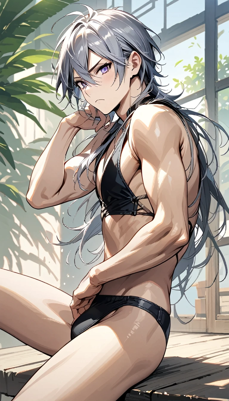 absurdres, highres, ultra detailed, super fine illustration, best quality, 1boy, perfect anatomy, male focus, solo, (dark-skinned:0.8) male, silver hair, long hair, black bikini, bare shoulders, bare arms, bare legs, <lora:_L2090:-0.6> <lora:flat:-0.2>