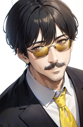 ((Highest quality)), ((masterpiece)), (detailed), ((One mature male))、(mature male)、(50-year-old male)、((A photo showing your thighs to the top of your head))、(Standing straight, facing the camera)、Black hair mixed with gray hair、((Crew cut))、sunglasses、Iris、smile、Yellow color suit、Blue Shirt、Yellow pants、White background、Mustache growing under the nose、suspicious