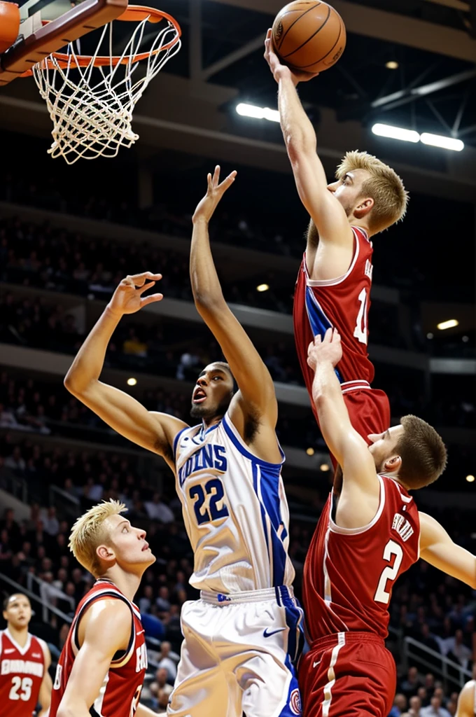 an image where there are only two men playing basketball, one of them blonde and the other brown hair