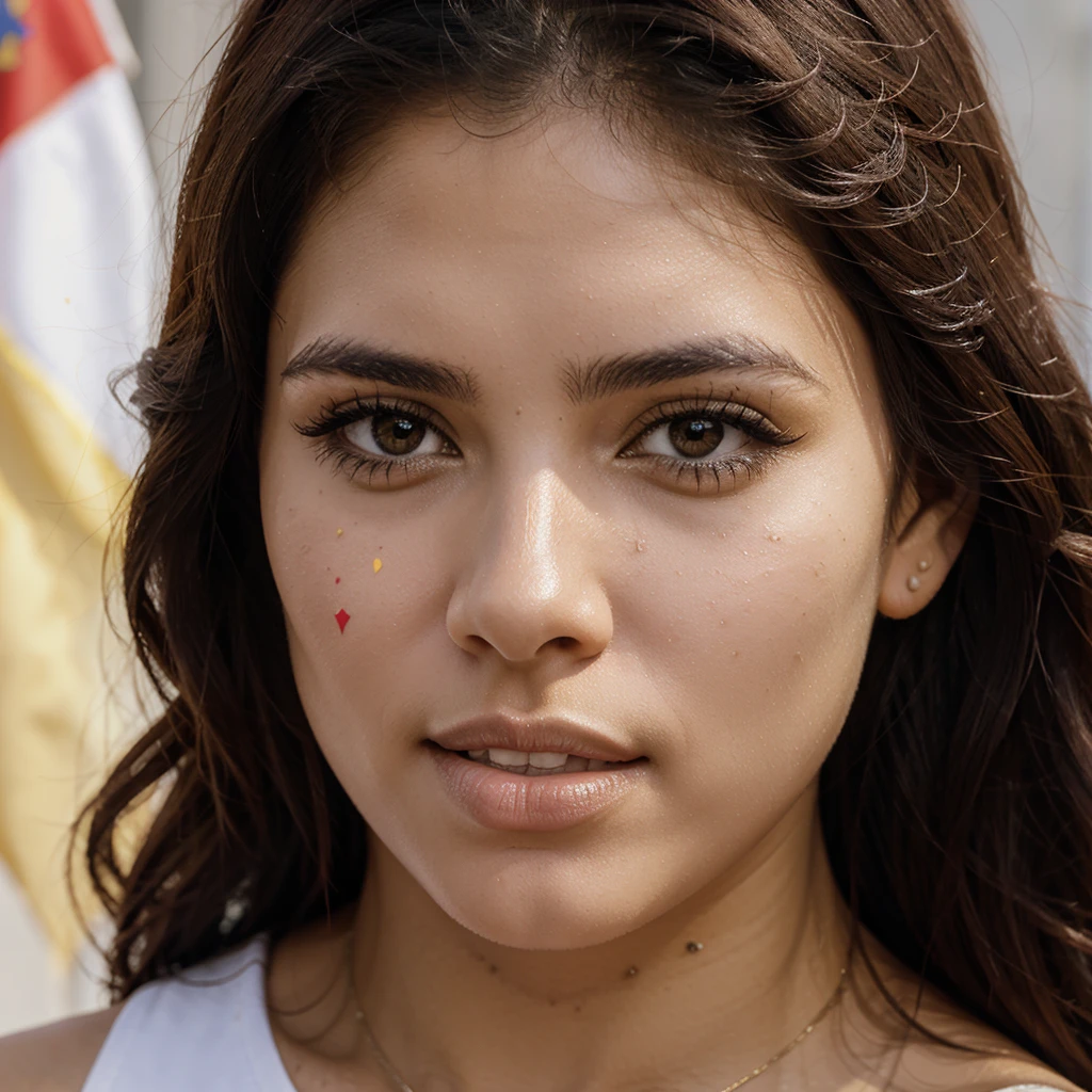 Venezuelan woman, sexy, with white photographic background, a Venezuelan flag drawn on his cheek