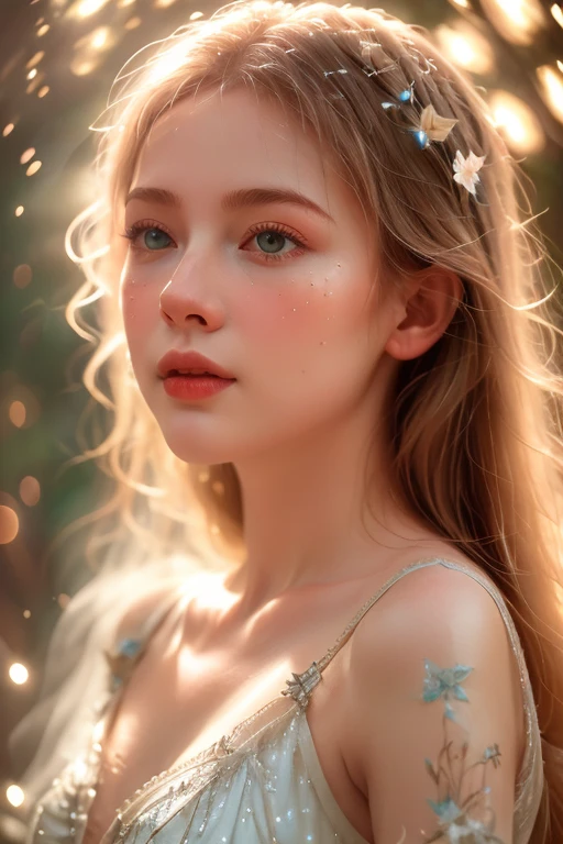 A mystical and ethereal scene with stars, flowers, nature, falling rain, etc. all composed of light and luminance, (highest quality, 4k,8k, high resolution, masterpiece:1.2), (extreme upper body close-up angle), very detailed (realistic) , realistic, realistic):1.37),cinematic lighting,dramatic atmospheric lighting,vivid colors,fantasy,surreal,luminous,dreamlike,ethereal,magical,intricate details,lush vegetation,tranquil,delicate,intricate,elegant,soft focus ,movie-like, dramatic, wonderful composition