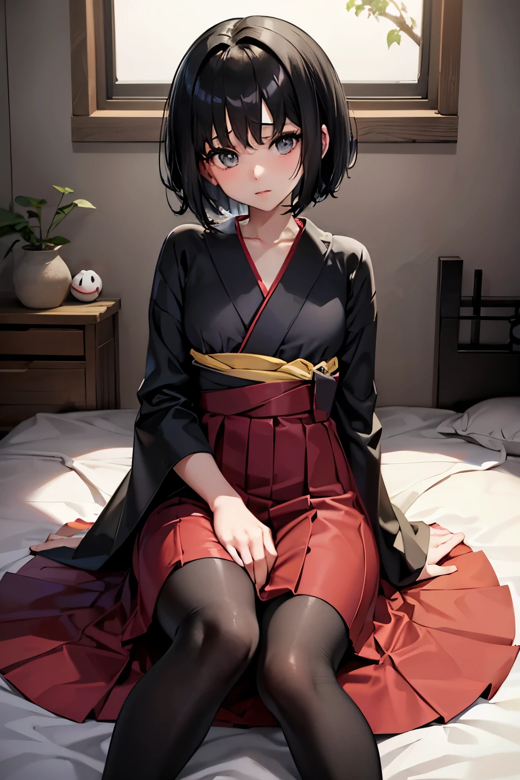 Erica、Pokémon、Black Hair、Short Hair、((pantyhose))、Photo from below、Medium chest、Bedroom、((Hakama))、One girl、boots、Poop sitting、Red ribbon、((Black Bra))