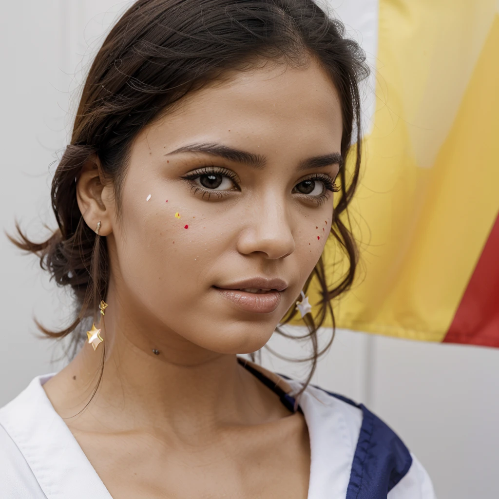 Venezuelan woman, sexy, with white photographic background, a Venezuelan flag drawn on his cheek
