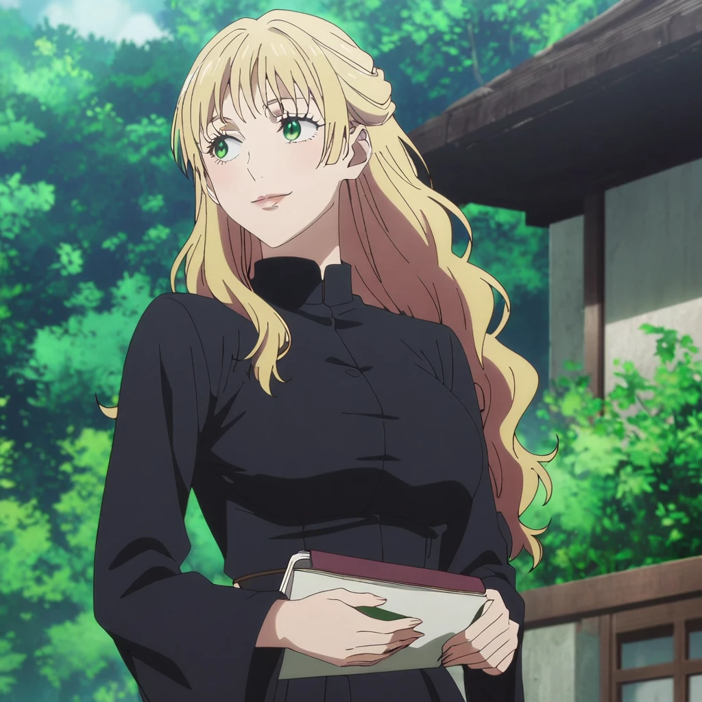 1girl, female gojo satoru, anime screencap from jujutsu kaisen, gojo satoru female version, solo, long_hair, ((green eyes)) ((Yellow hair,  wavy hair)), trees background, (hanging breasts) upper_body, smile, indoors, book, lips, (long hair) (( A black color, long-sleeved, high-necked dress that extends down to her mid-thigh. The dress is accented with a couple of (gold buttons), (wearing black knee-high boots)) breast, "very detailed and high resolution" (green eyes) ((solo)) (((front view))) (earings) ((high resolution)) ((good quality)) ((silky hair)) 