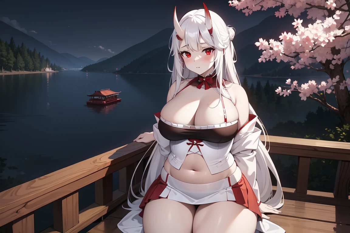 1girl, white hairs, red eyes, skimpy white-red kimono, long hair, massive breasts, mature, lake, night, cleavage, Oni, armored skirt, oni horns