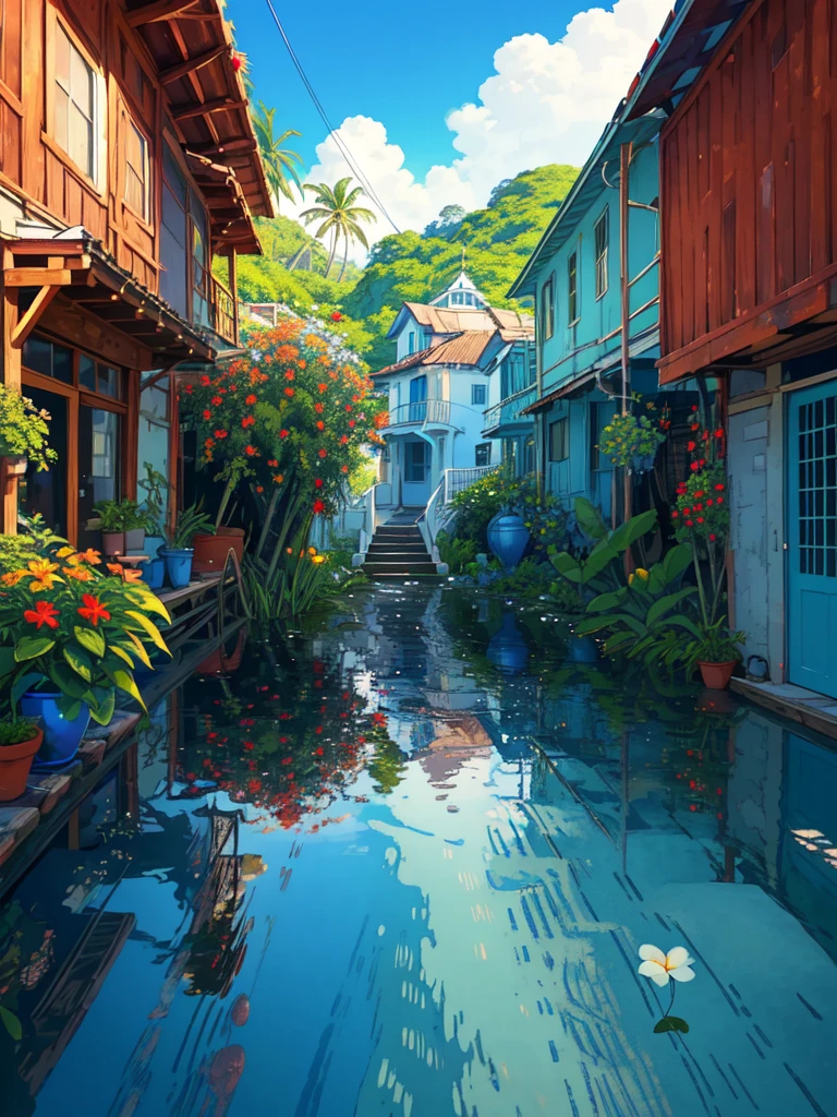 super wide perspective, outdoors, a beautiful white colored old cabin near beach, sea, blue doors and windows, beach, sand, tropical plants, stairs, amazing sky, ghibli anime scene, pots with tropical leafy plants, white metal chair with table, white cycle with basket, red flowers in balcony, flowers in foreground, cinematic color tones, subtle light, vibrant color tones, ghibli style, no humans, scenery, masterpiece, high resolution