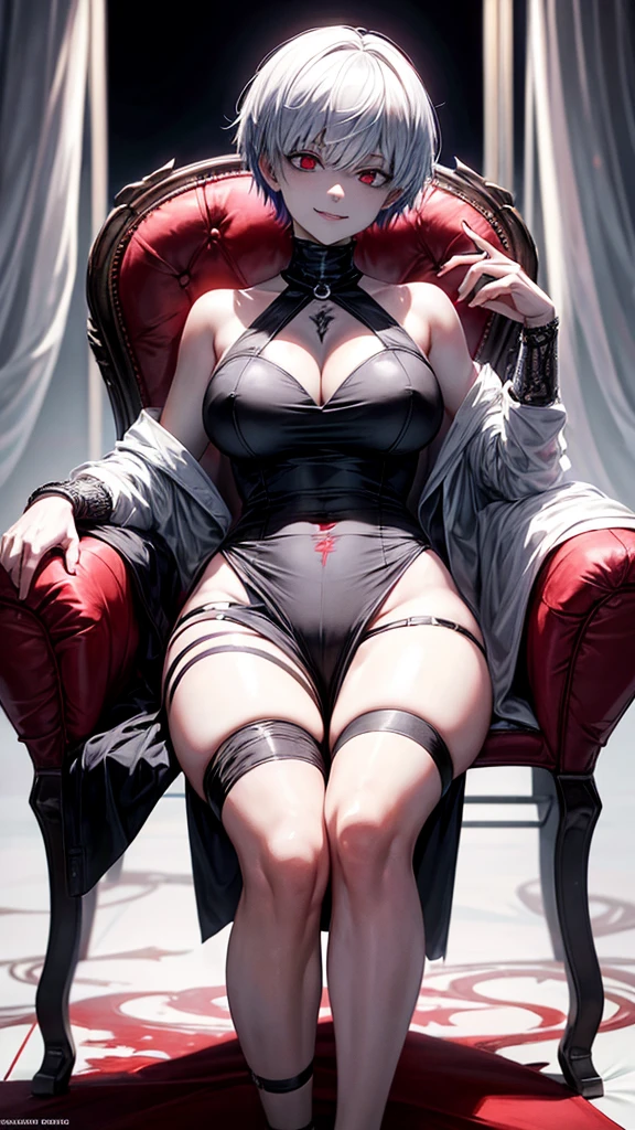 Cosplay Kaneki, wearing Kaneki Lumine mask, danger, evil smile, villain, bloodstains, wearing short clothes, breasts big, neckleace, Tattoo on Underbelly,legs open leaving your panties visible,a chair,high-detailed face, all-white background,looking ahead at viewer