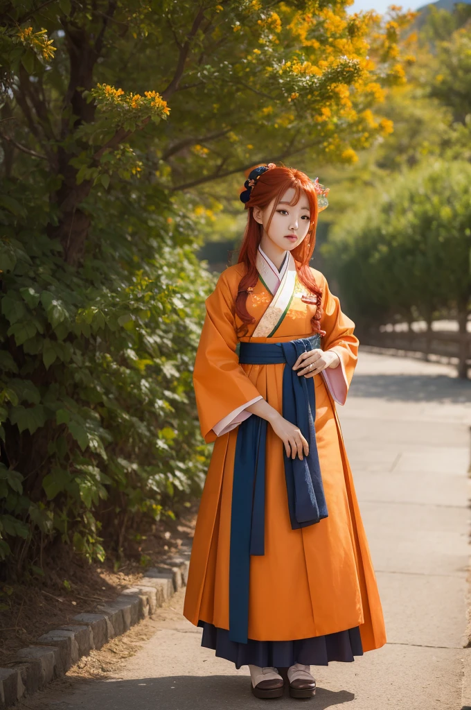 Korean redhead wearing Hanbok growing out of a giant orange