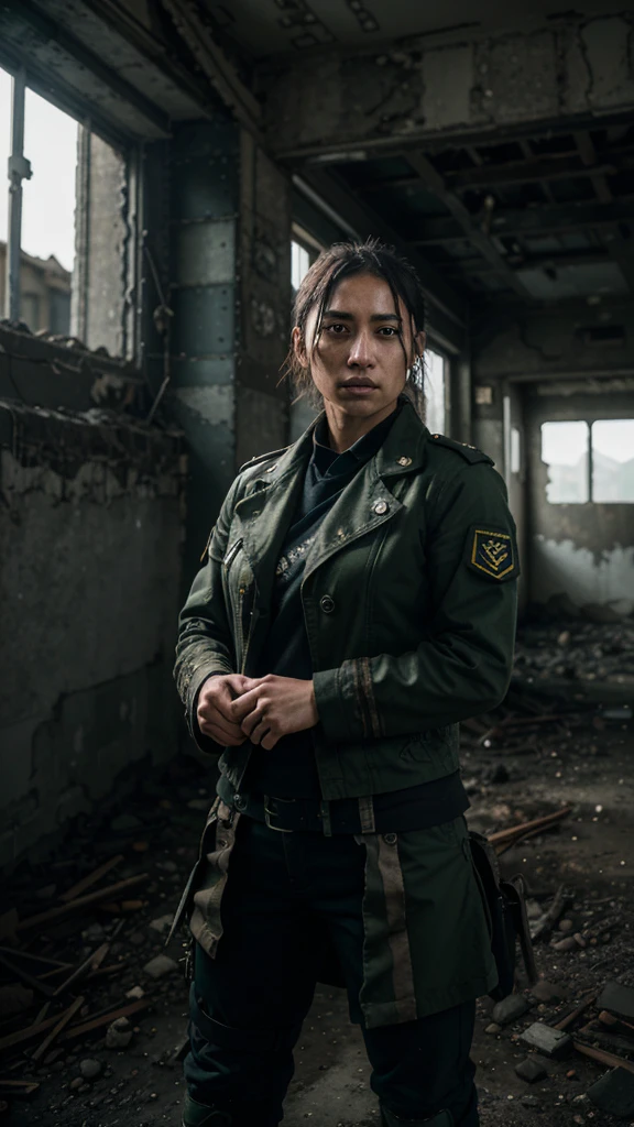 photo of S083_KatyaKotaro, a tough woman, in a ruined building, wearing a military uniform, SFW, 8k RAW photo, best quality, DOF, ultra high res, absurdres, intricate, photorealistic, masterpiece, ultra-detailed, Unreal Engine, dramatic lighting, moody atmosphere, gritty and grim, high contrast, muted colors