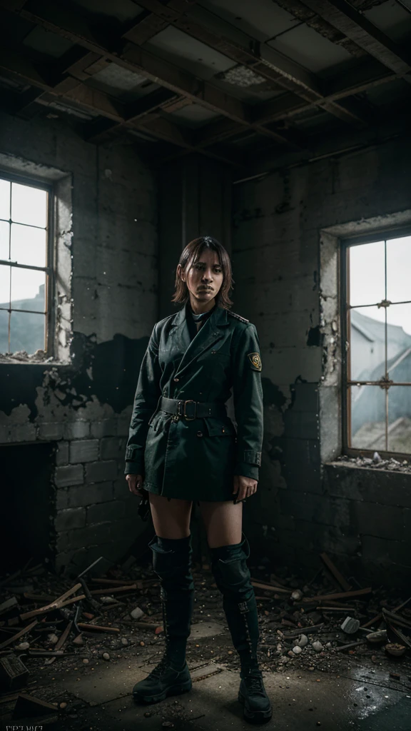 photo of S083_KatyaKotaro, a tough woman, in a ruined building, wearing a military uniform, SFW, 8k RAW photo, best quality, DOF, ultra high res, absurdres, intricate, photorealistic, masterpiece, ultra-detailed, Unreal Engine, dramatic lighting, moody atmosphere, gritty and grim, high contrast, muted colors