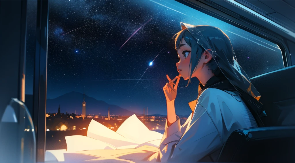 train, sitting by the window, pose pensives, Look at the stars, Head glued to the glass, Landscape passing by at high speed, voyage de nuit, beautiful starry sky, Une belle fille avec, UHD Portrait, (High quality) (ultra details)