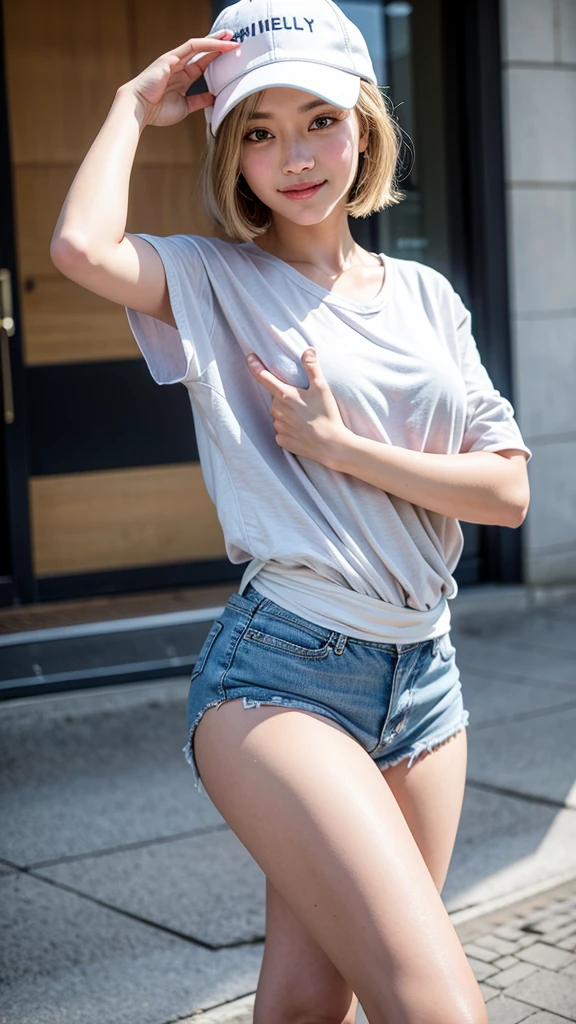 high quality,master piece,by famous artist,high resolution,lens flare,a girl, one girl,solo focus,alone,4K,8k,raw photo,perfect anatomy,short blonde hair,watch、bieutiful eyes,Japanese women,Age 25,healthy,maternal,positive,bright,kind,Young Woman Fashion,Trending Fashion,（Sneaker Style）、hat（cap）、Beautiful Skin,Fair skin,最high quality,4K,8k,masterpiece,Young and beautiful,Charm,ecup bust、An innocent smile、smile、teeth、A little embarrassed expression、one girl、The background is the city、City、Skyscraper district、Flowers、one girl,Detailed hands and fingers、Arms down、Anatomically correct body、one girl,very nice lady,one girl