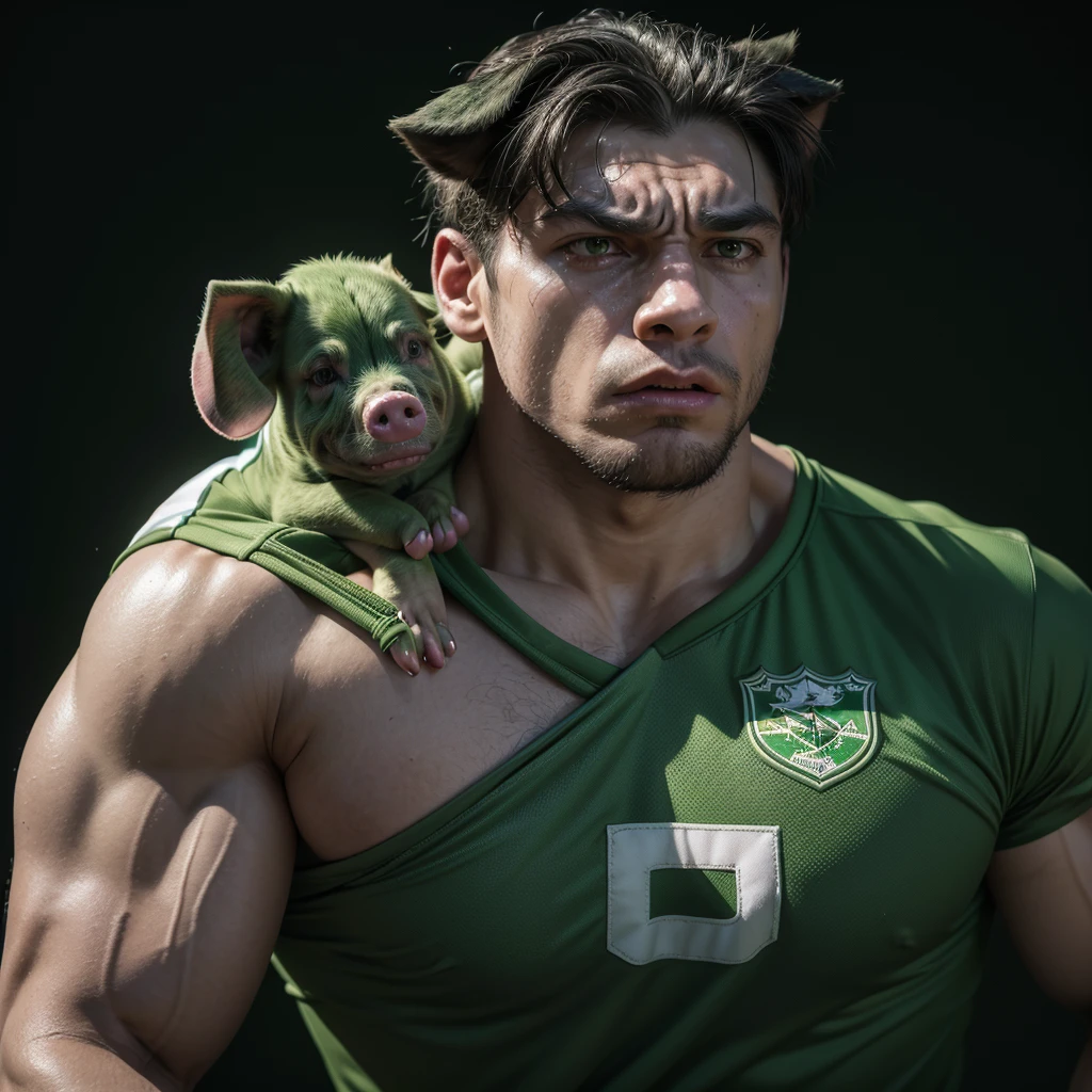 The image shows a muscular and angry green pig wearing a green and white football shirt and shorts, hanging from the neck of a black dog that has a scared face. high quality image, 8k
