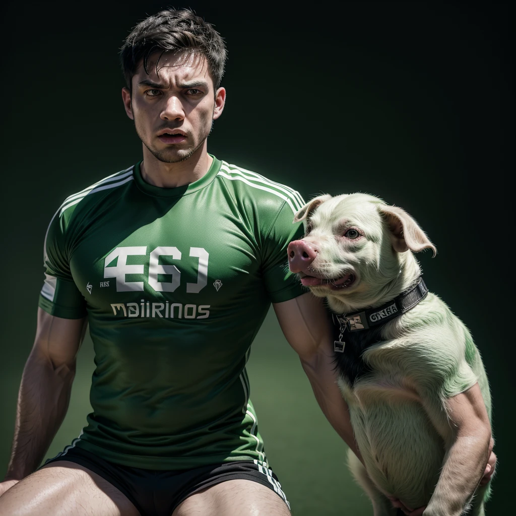 The image shows a muscular and angry green pig wearing a green and white football shirt and shorts, hanging from the neck of a black dog that has a scared face. high quality image, 8k
