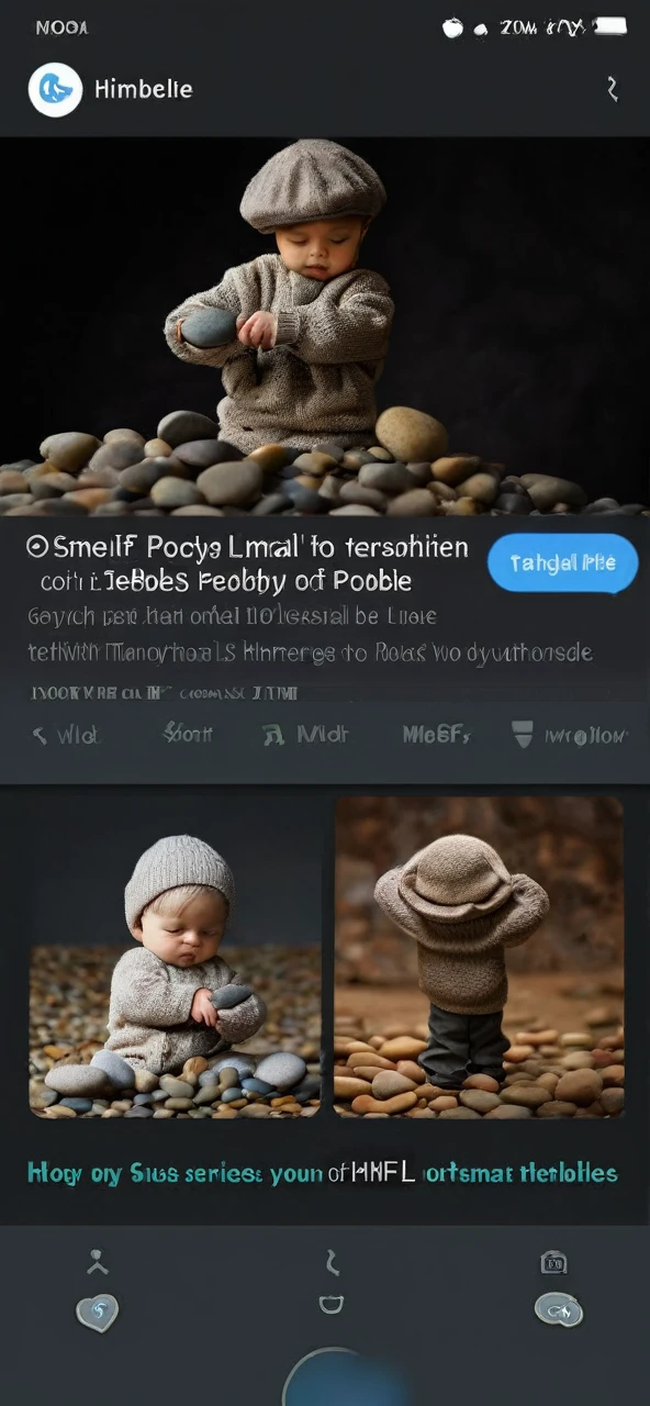 A Small kid with a body made out of pebbles standing while tearing himslef apart and hanging the pebbles to an older version of themselves with a body made out of stone