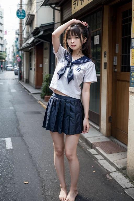  A beautiful Japanese girl in a sailor uniform, no skirt and mushroom hair on a street barefoot stretching her body 