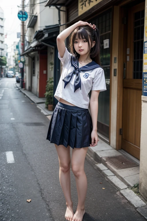  A beautiful Japanese girl in a sailor uniform, no skirt and mushroom hair on a street barefoot stretching her body 