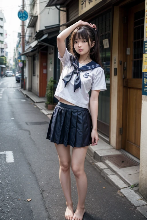 A beautiful Japanese girl in a sailor uniform, no skirt and mushroom hair on a street barefoot stretching her body