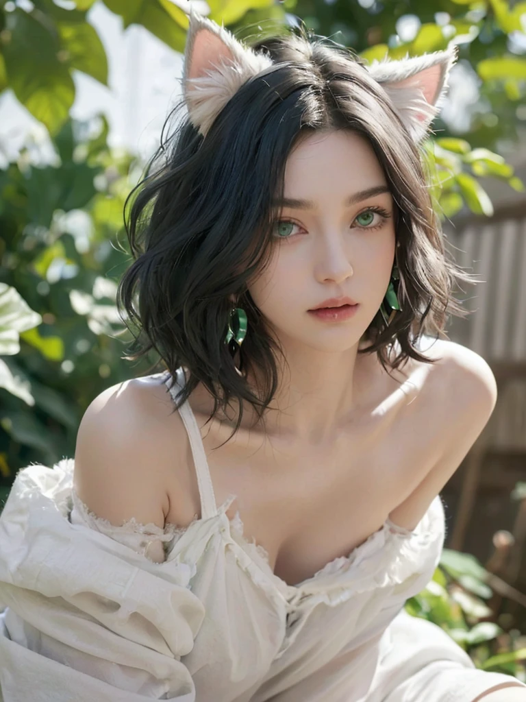 1 girl, portrait, earrings, One,lips, female focus, bright green eyes, I look at the viewer, wavy black and white hair, Shoulder length hair, closed mouth, slim, but a pumped-up girl in torn clothes consisting of a shirt. Girl 18 years old. beautiful. green eyes с кошачьими зрачками. White fluffy cat ears. Fantasy world.animal ears, fluffy cat ears,green eyes, short hair, Hair in front of ears, accuracy, a high resolution, masterpiece, realistic anatomy, Best quality, high quality, very detailed.