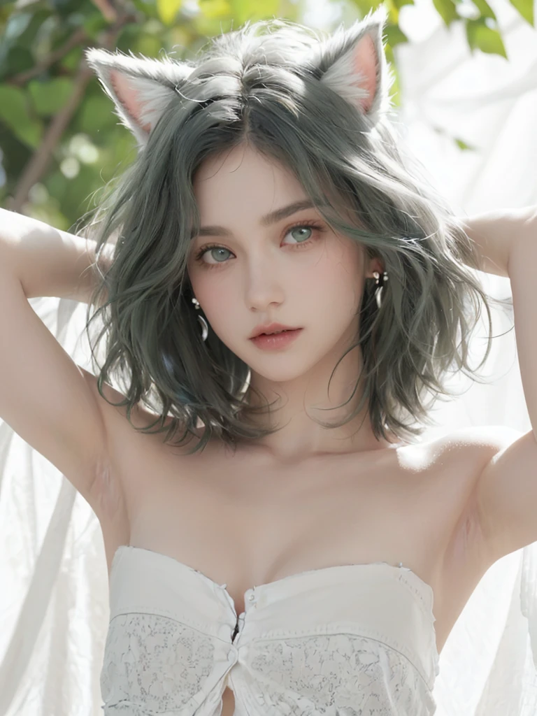 1 girl, portrait, earrings, One,lips, female focus, bright green eyes, I look at the viewer, wavy black and white hair, Shoulder length hair, closed mouth, slim, but a pumped-up girl in torn clothes consisting of a shirt. Girl 18 years old. beautiful. green eyes с кошачьими зрачками. White fluffy cat ears. Fantasy world.animal ears, fluffy cat ears,green eyes, short hair, Hair in front of ears, accuracy, a high resolution, masterpiece, realistic ???????, Best quality, high quality, very detailed.