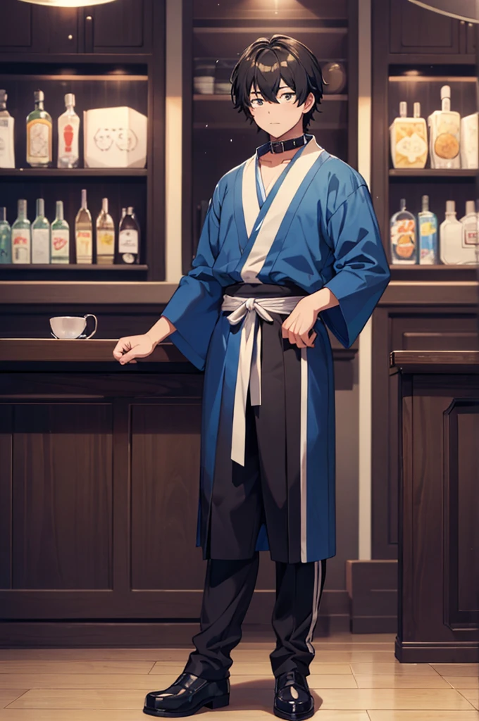 (Masterpiece), (Best Quality), ((Highly Detailed)) Boy with his hand on the glass, wearing a collar, full body, 4k, 8k, anime style --niji 6