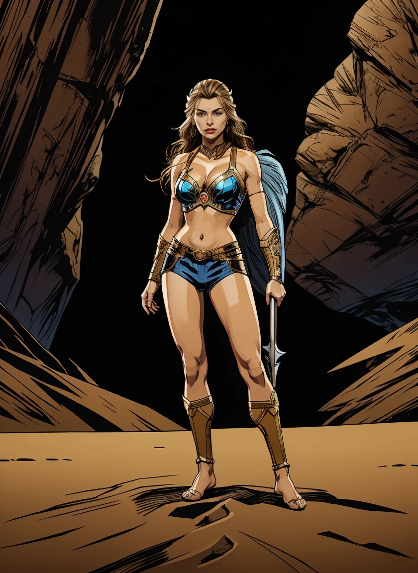 A woman with a muscled body, blond barbarian hair, (hazel detailed eyes), running and jumping while charging an attack using a ((long Sword)) in her hand. she is wearing a Loincloth and a barbarian iron chest armor. She wears an ancient sandal. she is standing on a big rock on a mountain in the desert.