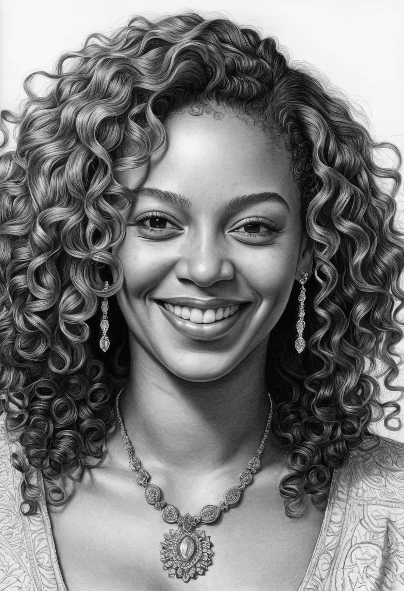 a drawing of a woman with curly hair smiling and wearing a necklace, portrait. high detail, professional portrait drawing, highly detailed portrait, detailed portrait, portrait drawing, detailed beautiful portrait, detailed illustration portrait, portrait of beyonce, very detailed portrait, by Maria Helena Vieira da Silva, drawing on pencil, realistic female portrait, realistic portrait, pencil on paper