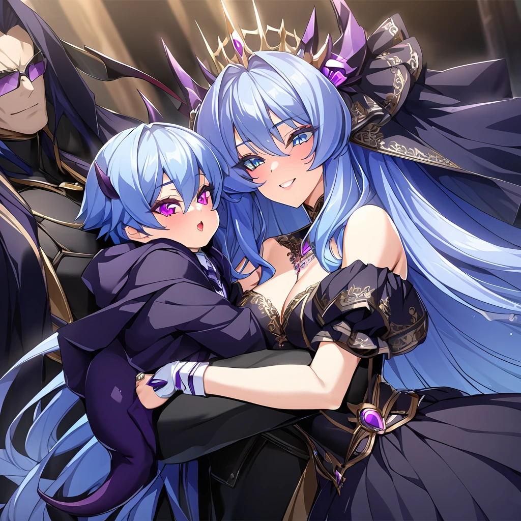 ((Highest quality)), ((masterpiece)), (detailed), （Perfect Face）、A woman is holding a demon baby and hugging and kissing a man who is the great evil demon king.、The woman is the evil queen, Extia, with medium-long blue hair, a gorgeous black wedding dress with gold embroidery and trim, a black wedding veil, an engagement ring, gorgeous accessories, lipstick and makeup, and a dignified, beautiful evil queen.、The woman looks happy、The man is a great and powerful demon king and a majestic demon.