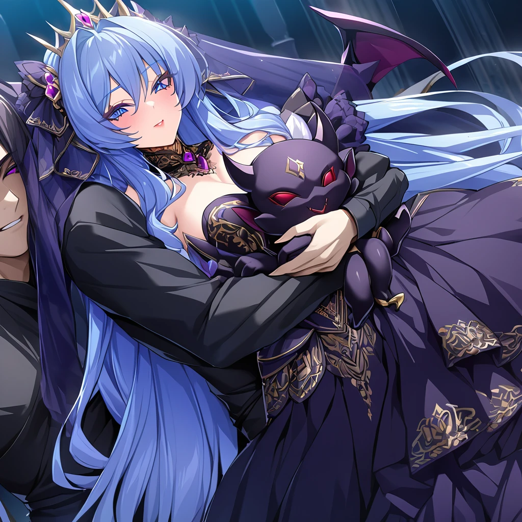 ((Highest quality)), ((masterpiece)), (detailed), (Perfect Face)、A woman is holding a demon baby and hugging and kissing a man who is the great evil demon king.、The woman is the evil queen, Extia, with medium-long blue hair, a gorgeous black wedding dress with gold embroidery and trim, a black wedding veil, an engagement ring, gorgeous accessories, lipstick and makeup, and a dignified, beautiful evil queen.、The woman looks happy、The man is a great and powerful demon king and a majestic demon.