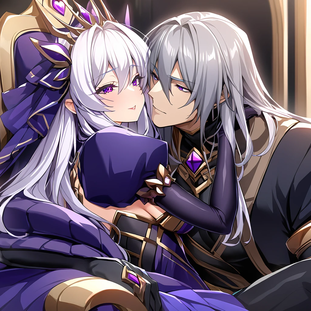 ((Highest quality)), ((masterpiece)), (detailed), (Perfect Face)、The woman is the evil queen Dark Extia, an evil transforming heroine with medium-long silver hair, wearing a gorgeous evil queen dress with gold embroidery and trim, gorgeous accessories, and an engagement ring. She has a happy expression on her face as she hugs the man, leans close to him, and kisses him.、The man is the evil king, Naioro, a handsome man with medium-long silver hair, wearing a black bodysuit and embracing a woman.、A man and a woman are sitting close together on a luxurious throne, making love.、A man and a woman are a deeply loving couple