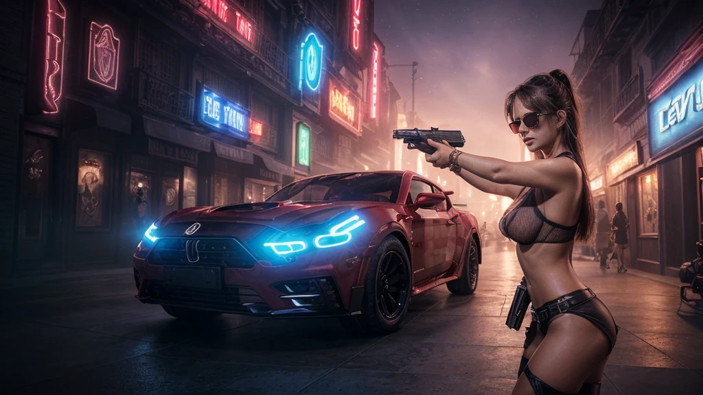 8k, masterpiece, RAW photo, best quality, photorealistic, extremely detailed CG unity 8k wallpaper, Depth of field, Cinematic Light, Lens Flare, Ray tracing, ((1girl:1.7)), ((alone:1.7)), ((seductive standing pose)), in the desert at night, deep shadow, [[Raiana-Elizabeth-Dilla]], pretty girl, (very slim slender fit-muscled body:1.3), (sexy ((see-through)) ((ultra-short ((red:1.2)) Cowboy-style uniform))), ((classic scenery,nightlife,musiclife,western)), ((whiskey glass and bottles,blues music)), (blurred background:1.4), soft lighting, (long black hairs), cleavage breasts, large breasts, realistic ((red:1.2)) clothes. (((((black sunglasses, holding pistol))))), (((half-body thigh level medium shot)))