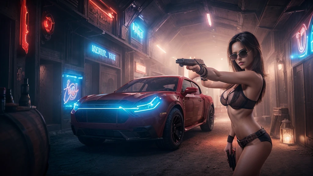 8k, masterpiece, RAW photo, best quality, photorealistic, extremely detailed CG unity 8k wallpaper, Depth of field, Cinematic Light, Lens Flare, Ray tracing, ((1girl:1.7)), ((alone:1.7)), ((seductive standing pose)), in the desert at night, deep shadow, [[Raiana-Elizabeth-Dilla]], pretty girl, (very slim slender fit-muscled body:1.3), (sexy ((see-through)) ((ultra-short ((red:1.2)) Cowboy-style uniform))), ((classic scenery,nightlife,musiclife,western)), ((whiskey glass and bottles,blues music)), (blurred background:1.4), soft lighting, (long black hairs), cleavage breasts, large breasts, realistic ((red:1.2)) clothes. (((((black sunglasses, holding pistol))))), (((half-body thigh level medium shot)))