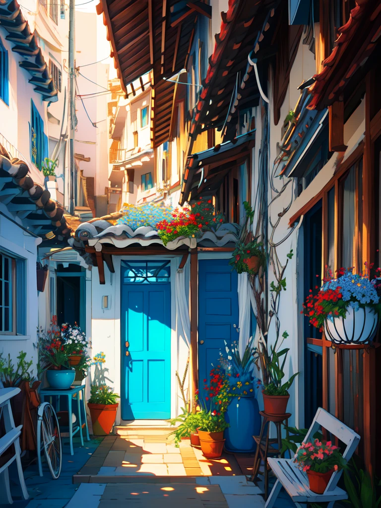super wide perspective, outdoors, a beautiful white colored old cabin near beach, sea, blue doors and windows, beach, sand, tropical plants, stairs, amazing sky, ghibli anime scene, pots with tropical leafy plants, white metal chair with table, white cycle with basket, red flowers in balcony, flowers in foreground, cinematic color tones, subtle light, vibrant color tones, ghibli style, no humans, scenery, masterpiece, high resolution 